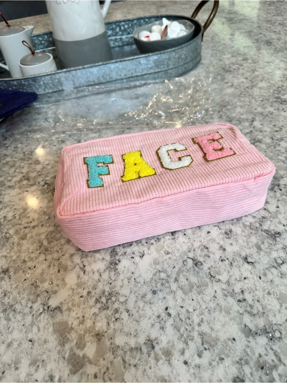 Pink Corduroy Cosmetic Pouch with 'FACE' Appliqué